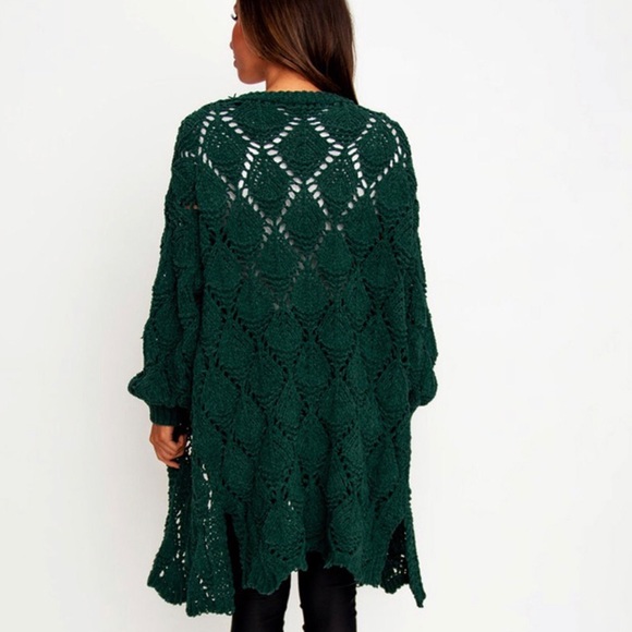 Green Long Sleeve Crochet Cardigan - Picture 2 of 4